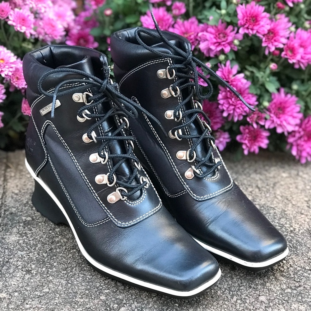 TIMBERLAND Hill Wedge Ankle Boots Size 5.5 Leather lace-up Black with White trim - Picture 10 of 16